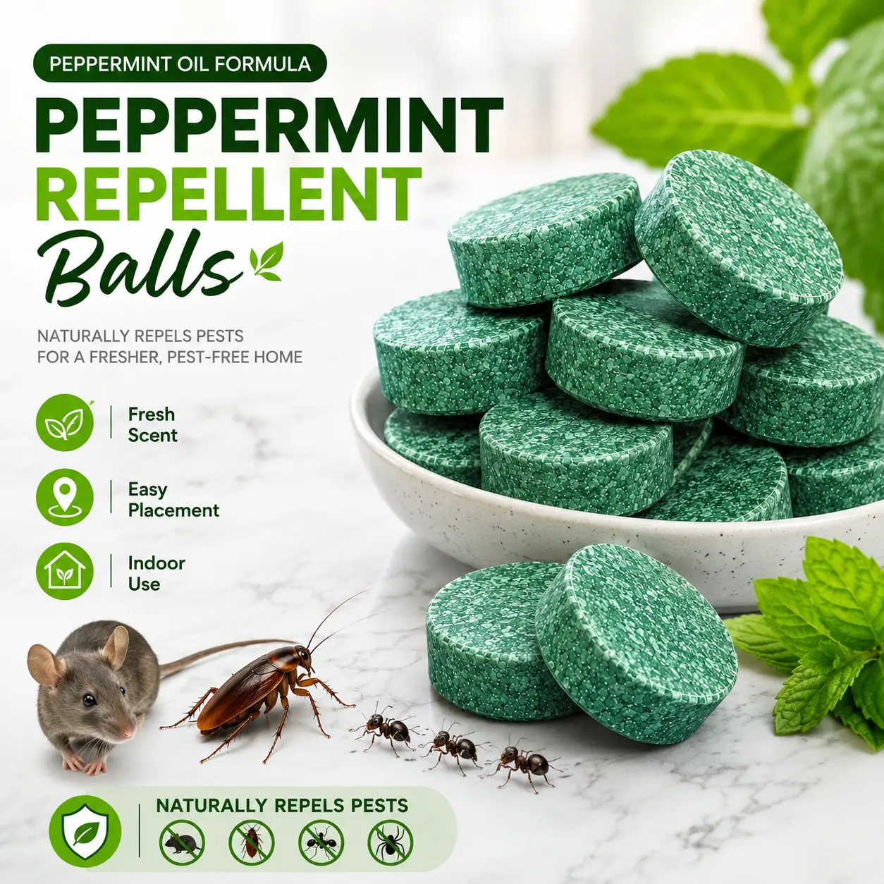 12-Pack Peppermint Oil Mouse and Rat Repellent Tablets, Natural Indoor Rodent Deterrent for Mice, Roaches, Ants and Spiders, Long-Lasting Pest Control for Kitchen, Garage, Basement, Shed, RV, Closet and Storage Areas