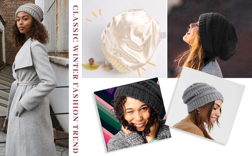 Satin Lined Beanie for Women - Warm Knit Slouchy Winter Hat, Stylish Skull Cap, Soft Silk Beanies for Ultimate Comfort and Cozy Style