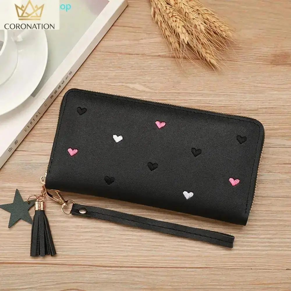 Women's Cute Aesthetic Heart Embroidered Zip Around Wallet, Soft Vegan Leather Wristlet Card Holder Organizer with Star Tassel, Large Capacity Coin Purse for Everyday Carry, Travel, Shopping, Birthday Gift for Her