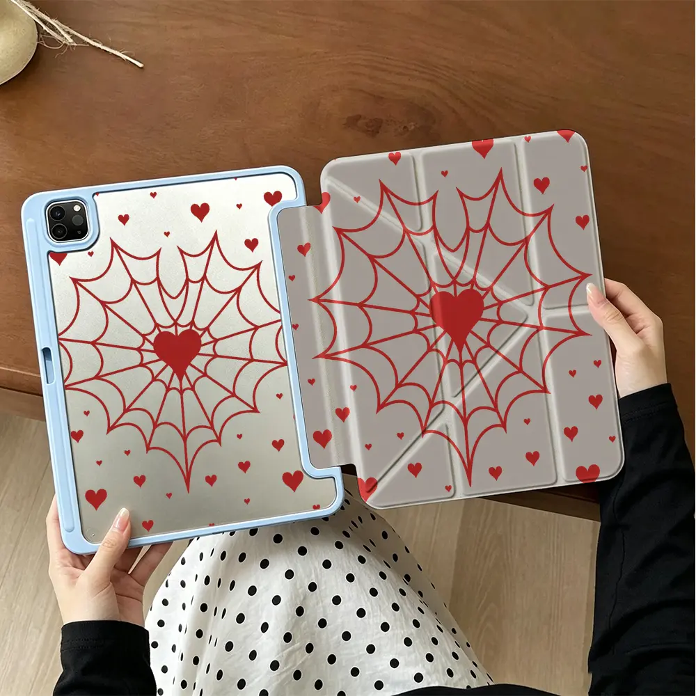 Yshaped Heart Spider Web Tablet Protective Case，Romantic Gothic Aesthetic Style，Compatible With Apple ipad 10th generation/IPAD Pro 13 2024/pro 12.9 2022/pro 11 2022/IPAD Air1/2/3/4/5/6th，With Pencil holder，Sleep/Wake Support，Special Elegant Gift Choice