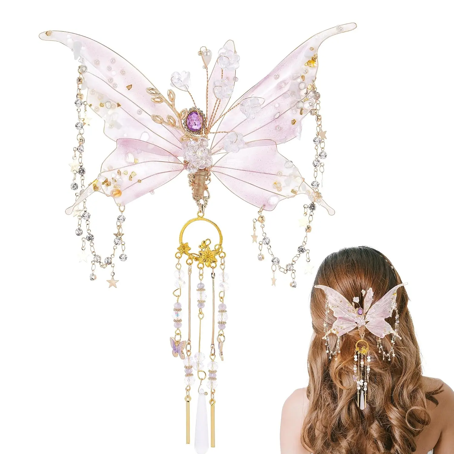 Fairy Butterfly Hair Clip - 1 count  Butterfly  Hair Accessories with Tassel Elven Hair Clamp  Claw Clip for Photoshoot Prom Renfaire Wedding Fantasy Costume