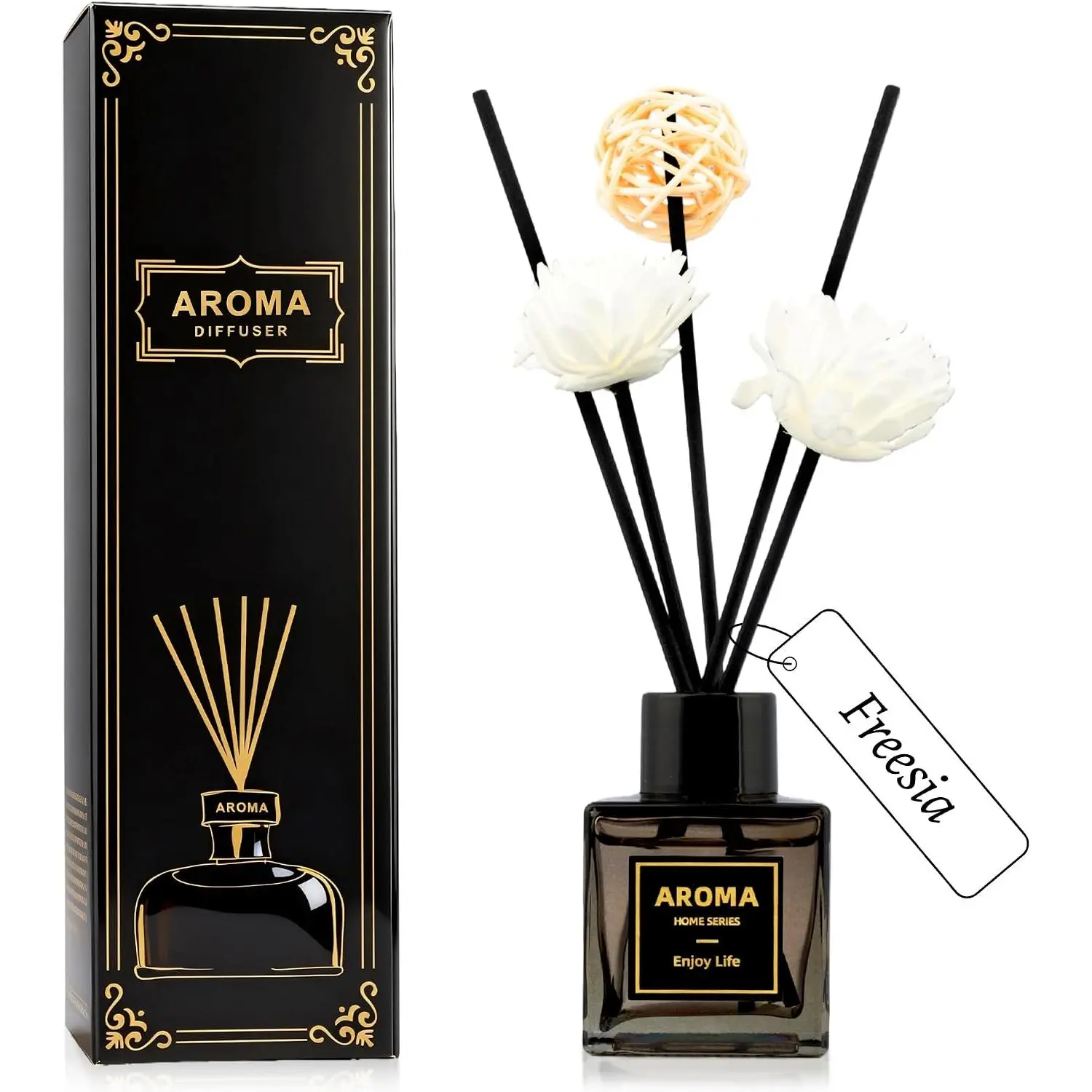 Black Glass Bottle Scent Diffuser, 1.7 oz Reed Diffuser with Sticks,   for Bookshelf, Bedroom , Office Desk & Bathroom Decor, Air Freshener for Aesthetic Room Decor (Freesia)