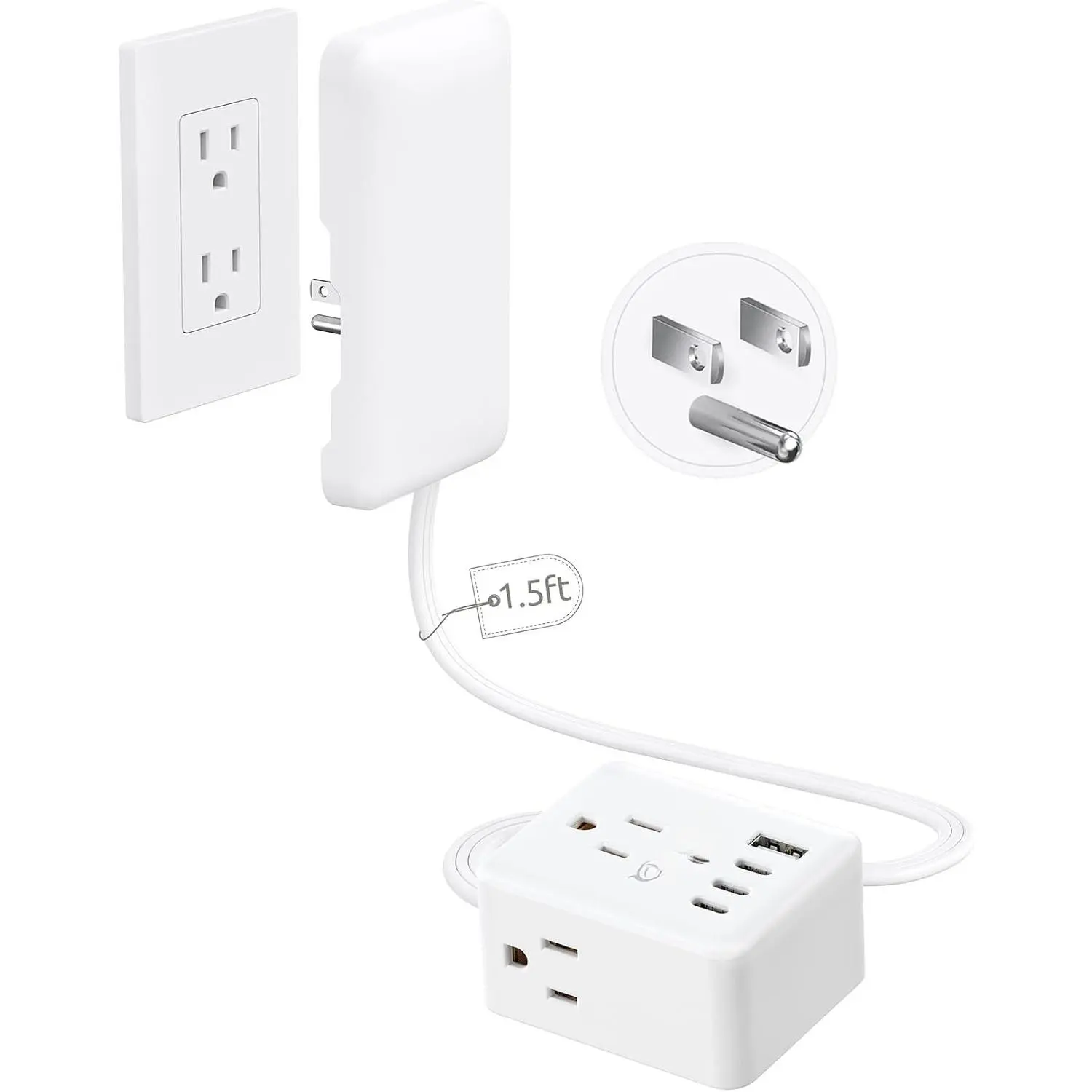 1.5FT Short Extension Cord with Outlet Cover, 3 Outlets and 4 USB Ports | Flat Plug Power Strip, Outlet Concealer, Small, Wall Mountable, Flat  Outlet Extender  Behind Couch, Bed, White