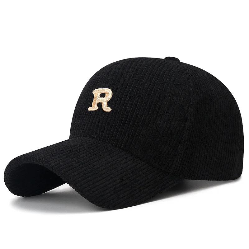 Corduroy Baseball Cap with 3D Embroidered 'R' Letter Solid Color Adjustable Structured Hat Stylish Fall and Winter Accessory
