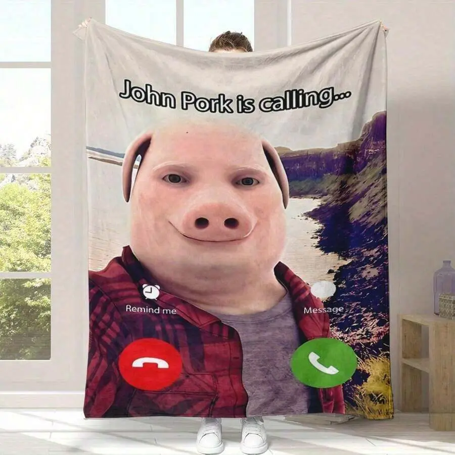 "John Pork Is Calling" Cartoon Pattern Flannel Blanket - Adorable Piglet Design, Hypoallergenic Knitted Fabric, Digital Printing, Suitable For Bed, Camping, Room Decor, Ideal Gift For Birthday, All Seasons, Cartoon Pattern Blankets