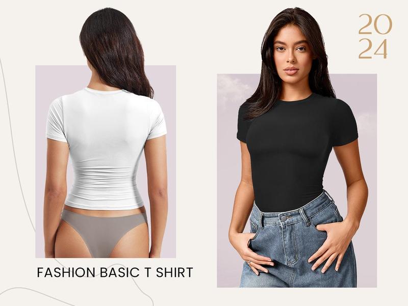 YEOREO Women Fitted Workout Tops Short Sleeve Double Lined Basic Y2K Going Out Crew Neck Compression Crop Top Womenswear