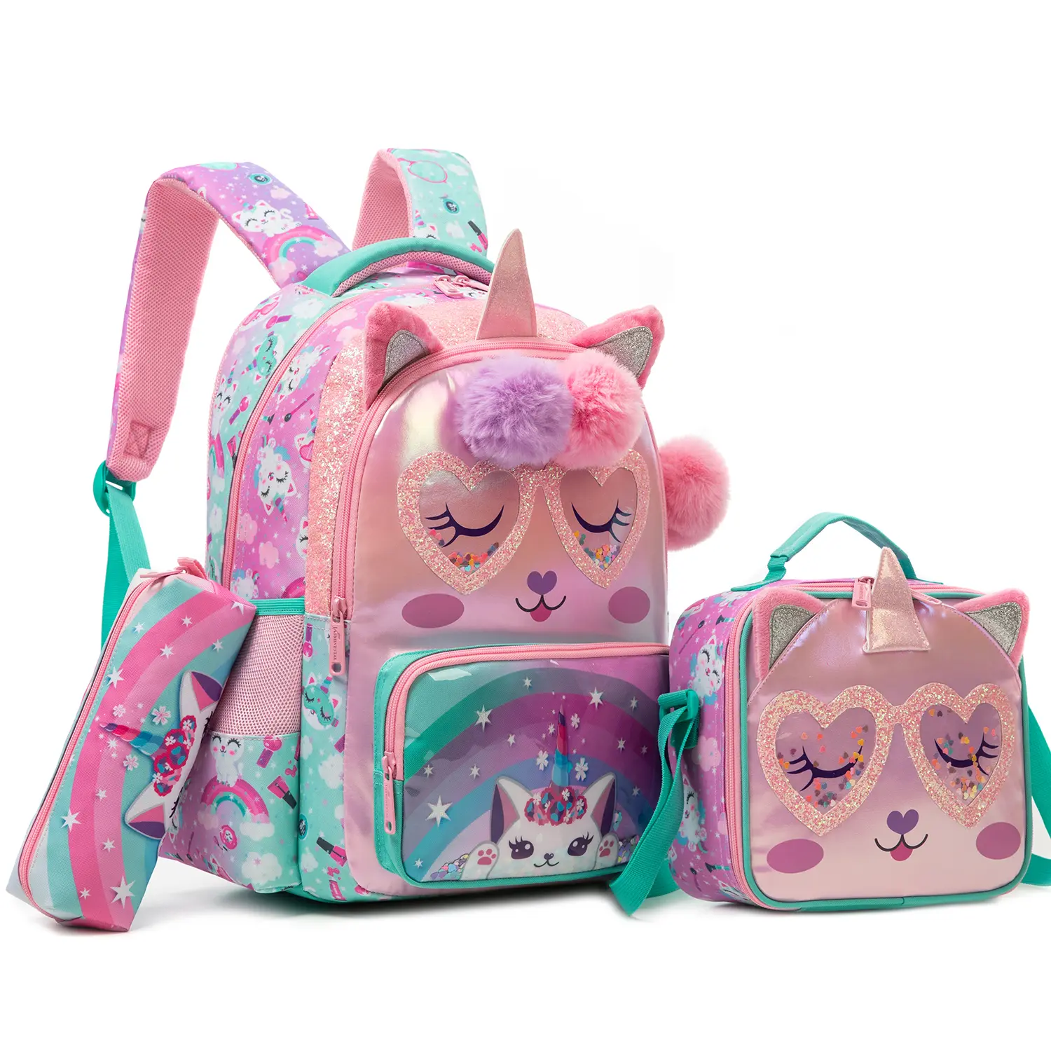 Unicorn Cat Backpack 3pcs Set for Girls | Cute Kitten with Heart Sunglasses School Bag with Lunch Box & Pencil Case | Rainbow Pastel Kids Bookbag 2026