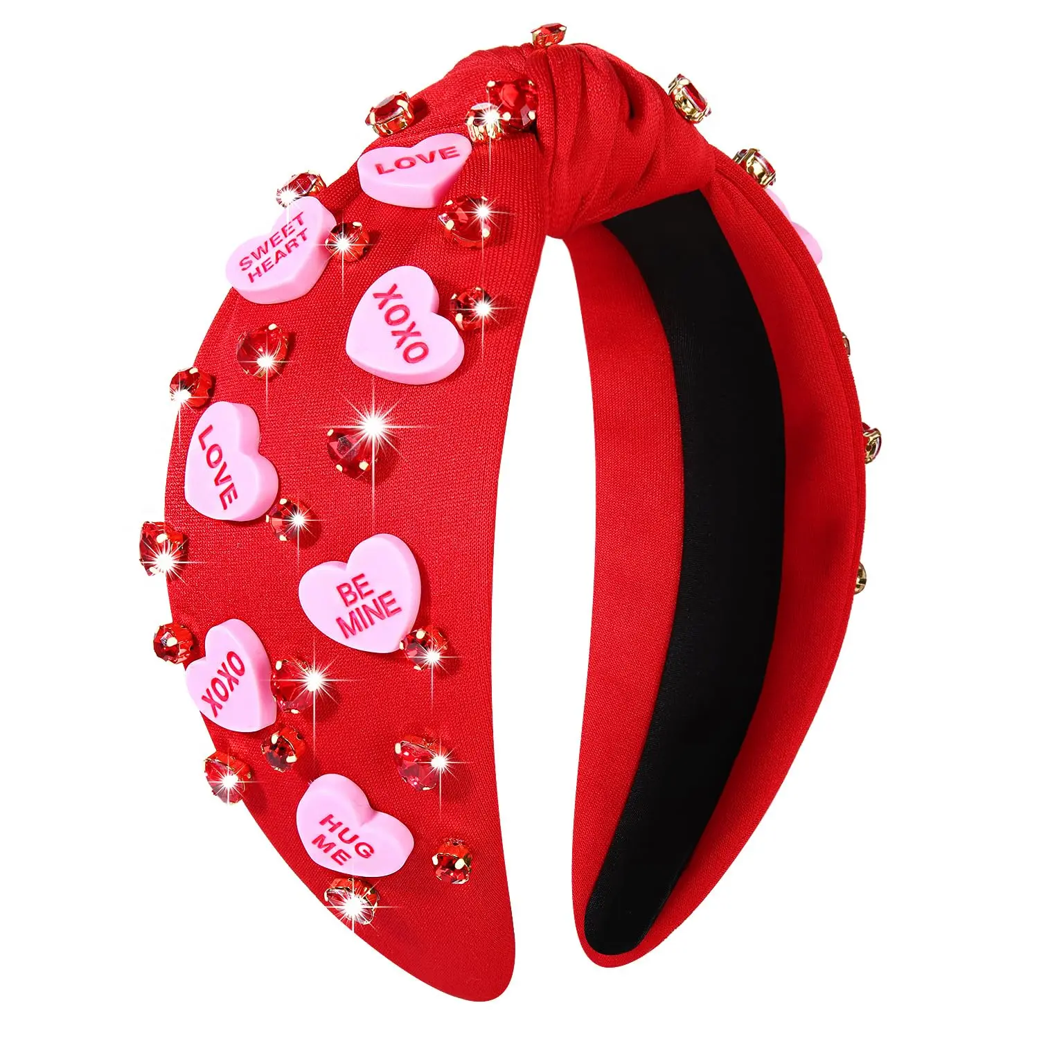 Valentine’s Day Headband for Women Red  Heart Knotted Headband Jeweled Rhinestone  Wide Top Knot Hairband Valentine’s Day Hair Accessories Holiday Gifts (Letter Heart)