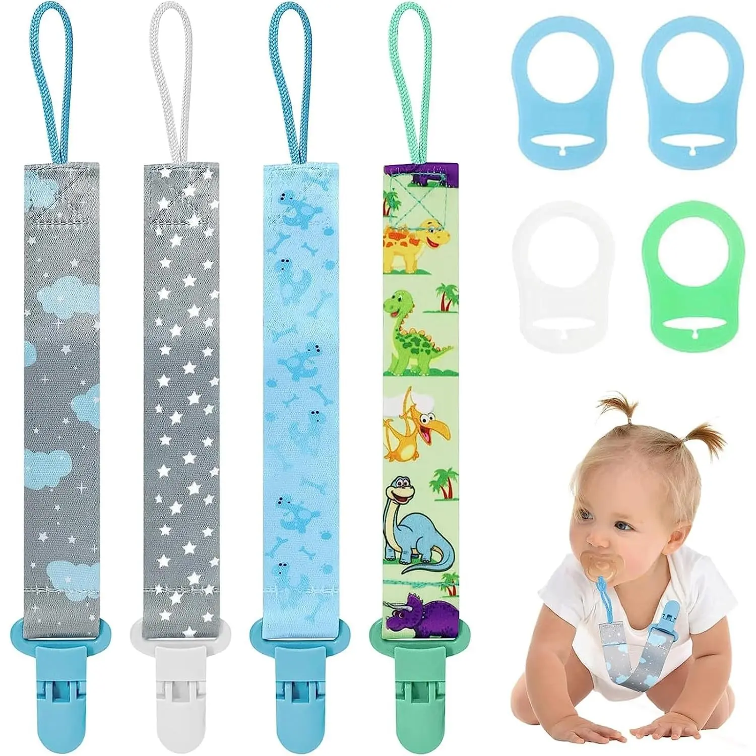 4 Pcs Pacifier Holder Clips with 4 Silicone Adapters, Dummy Strap Clip Fit All Pacifiers, Soothers, Teething Toys, Baby Essentials(Gift)