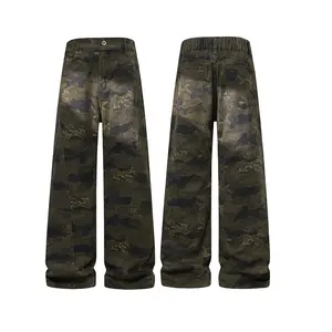 Vintage Camouflage Pattern Denim Jeans for Men, Back Elastic Waist Split Seam Oversized Wide Leg Stacked Casual Street Trousers
