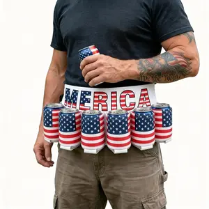 Patriotic USA Flag 6-Pack Can Holder Drink Belt, Adjustable Holster for BBQs & Parties