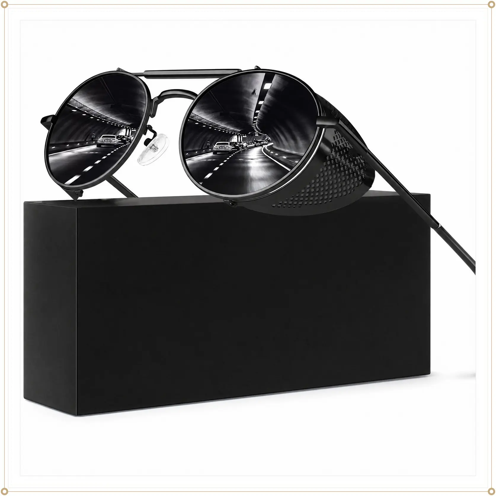Round Polarized Steampunk Sunglasses Men Women Side Shield Goggles | Retro Glacier Sun Glasses, Classic Vintage Goth UV400 Shades,Lightweight Metal Frame,for Driving, Holiday, Costume,PartyGift