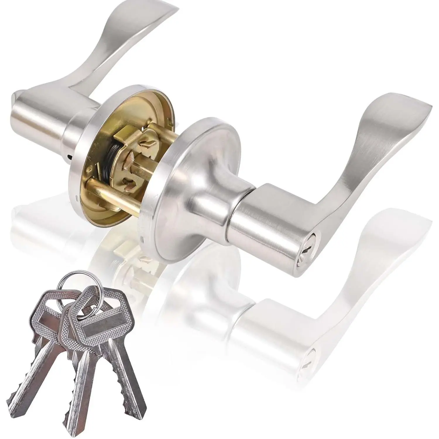 High-Security Stainless Steel Door Lever with Lock and Key(Silver) | Door Handle for Bedroom, Bathroom and Rooms
