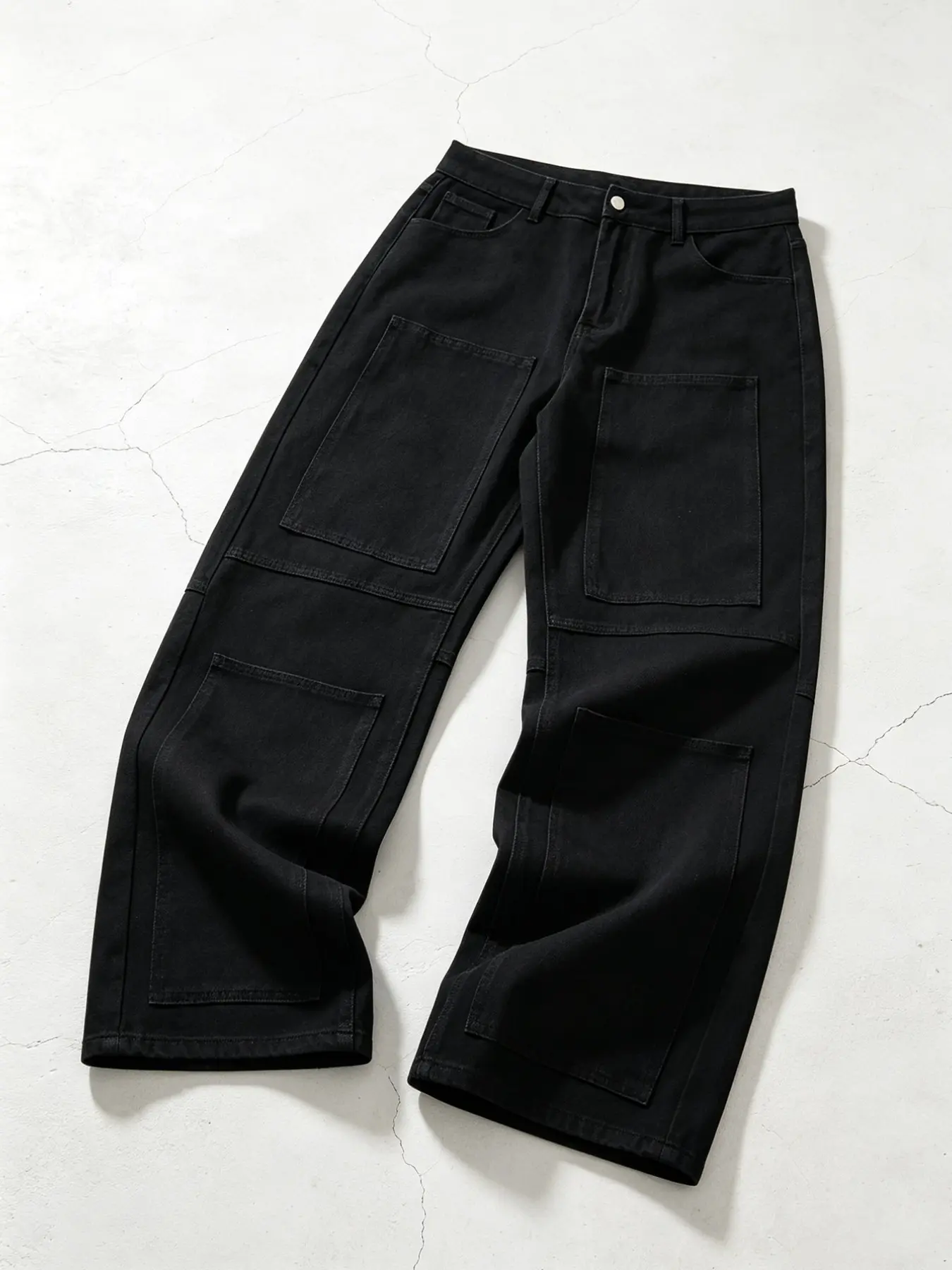 Men's Hip-Hop Loose Jeans, Multi-Pocket Street Skateboard Style, All-Season Plain Fit, Comfortable Long Pants