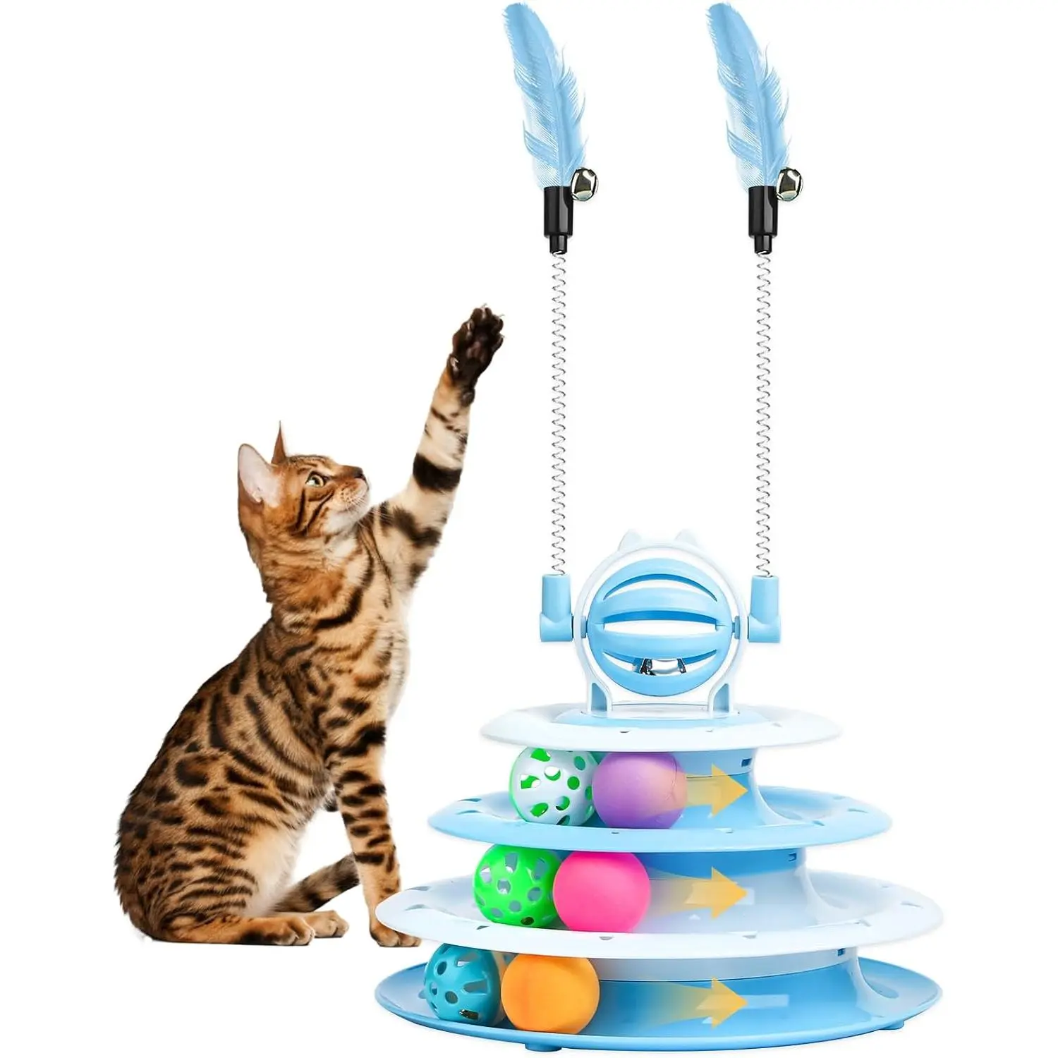 Cat Toy Interactive Pet Plaything for Indoor Kitten Interactive Kitty Puzzle Ball with 2 Cat-Tease (Blue)