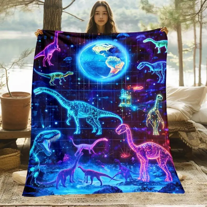 [] Universe Dinosaur Flannel Blanket - Lightweight, Soft and Warm Throw for All Seasons, with Dinosaur & Space Digital Print, Suitable for Bed, Sofa, Travel and Camping, Cozy Home Decor, Creative Gift for Boyfriend, Girlfriend, Friends and Family