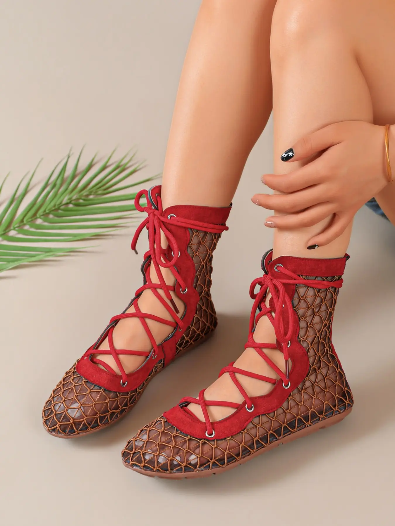 Plus Size 36-43,2026 New Spring Summer,Boho Style Breathable Hollow Out Mesh Lace Up Ankle Sandal Fashion Booties,French Vintage Pointed Toe Color Block Flat Boots,Lightweight Air Permeable,Versatile Beach Vacation Daily Women Mesh Boots
