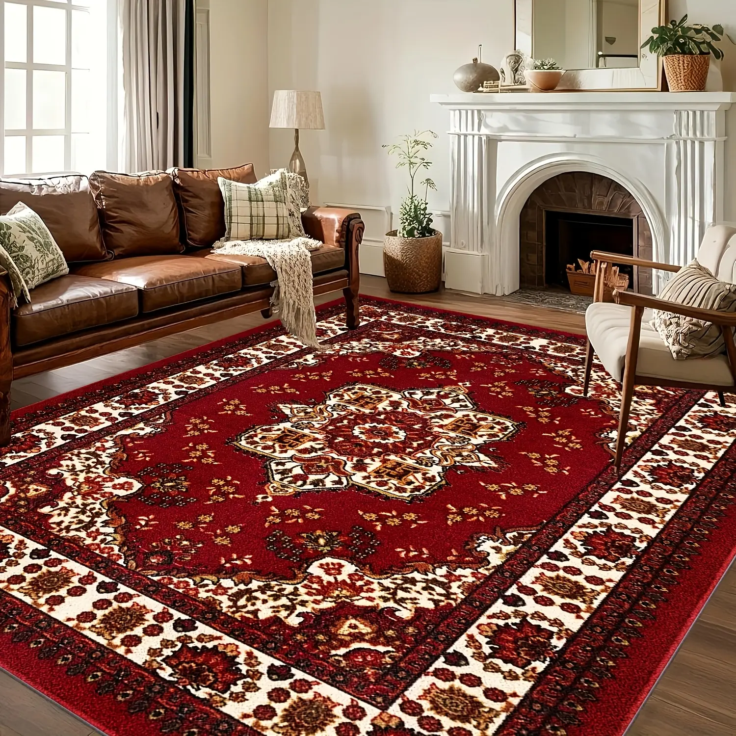 Veluma 1pc Luxurious Bohemian Persian Mat - Non-Slip Backing, Machine Washable 100% Polyester Mat with Red & Golden Floral Pattern, Plush Soft Pile for Living Room, Bedroom