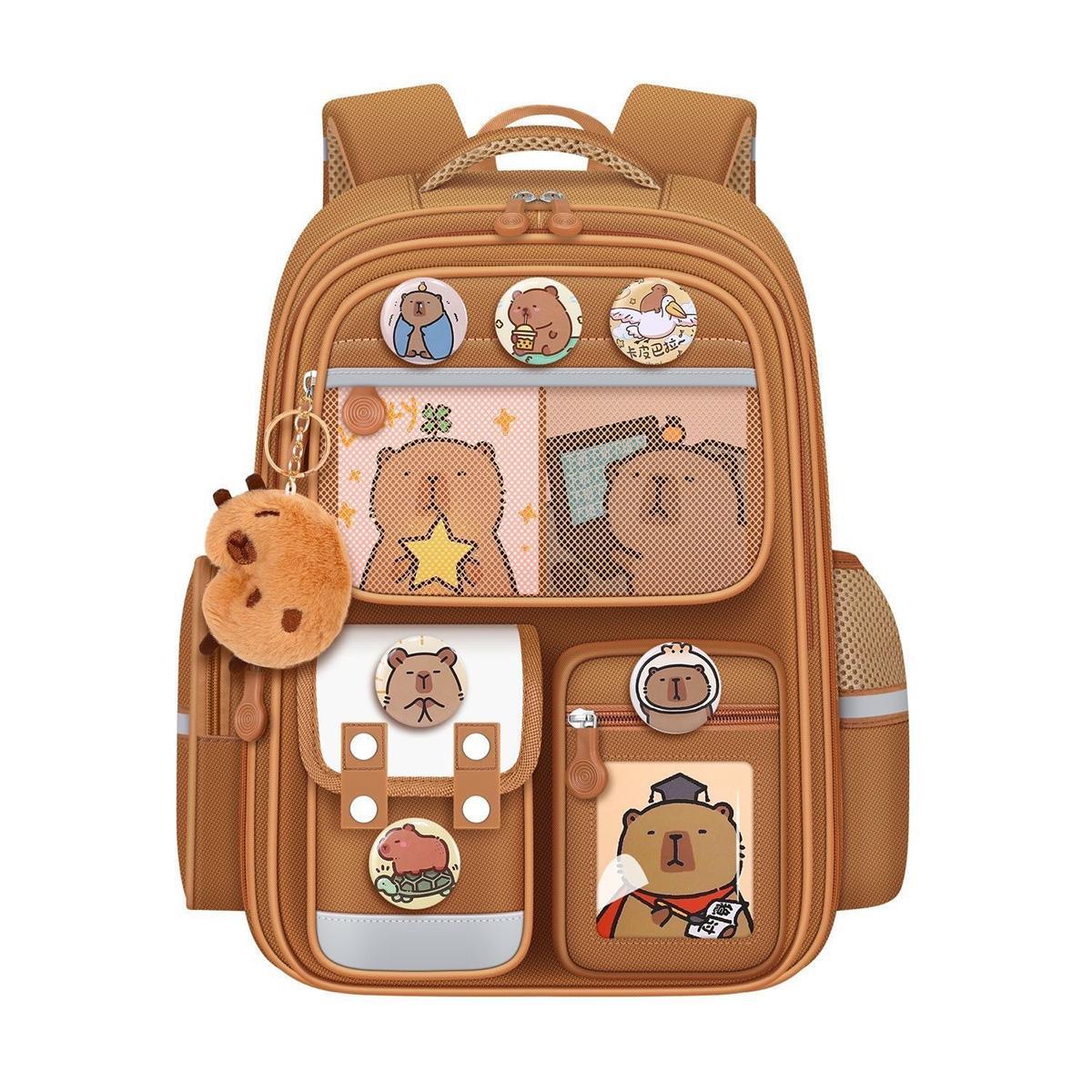 Cartoon Bear Pattern Backpack, 1 Count Large Capacity Waterproof with 6 Counts Badge & 3 Counts Cards & 1 Count Plush Pendant, Cute Versatile Backpack, Wear-resistant and Dirt-resistant Backpack for Students