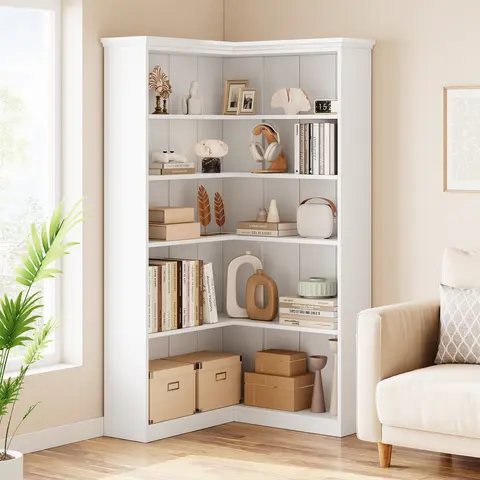 IdealHouse L-Shaped Corner Aesthetic Bookshelf - 72.8in Tall 5-Tier Wooden Built to Last Shelf, Farmhouse Apartment Furniture with Full Back Panel, Book Organization Book Nook Storage Rack for Living Room/Office, Room Accessories