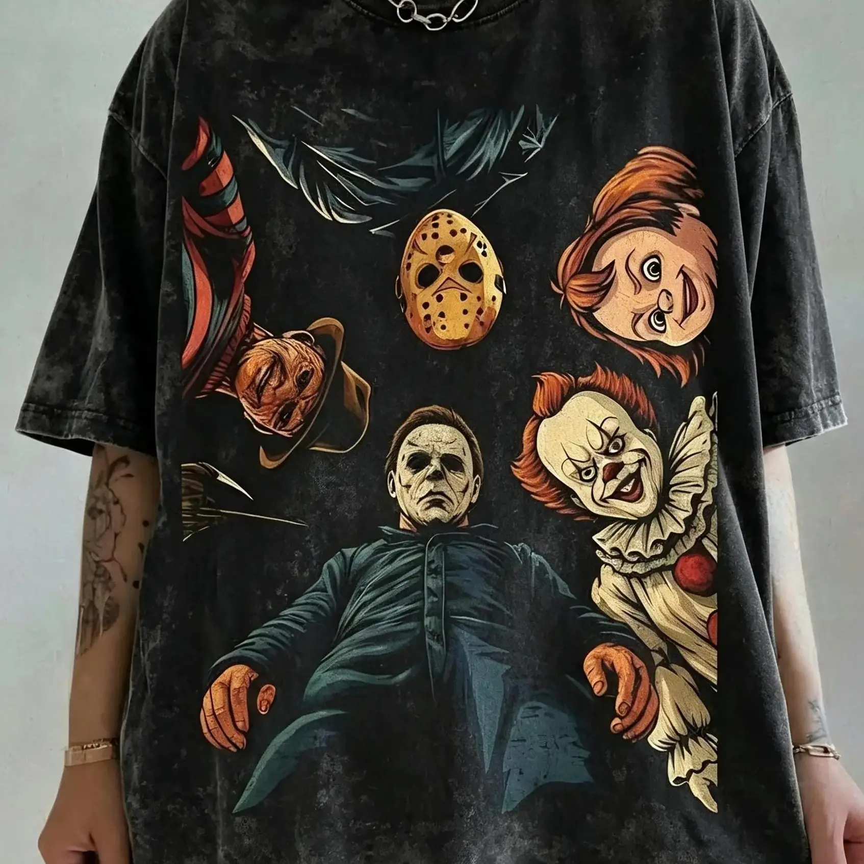 Washed Tee men's Retro Halloween Characters Top - Lightweight Smooth Fabric T-Shirt, Vintage Horror Movie Graphic Tee, Spooky Season Slim Fit Shirt, Round Neck, Printed, Cotton, Halloween Ghost Pumpkin Print Men's Short-Sleeve T-Shirts