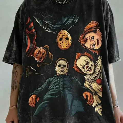 Men's Slim Fit Washed Vintage Graphic Tee - Lightweight Smooth Cotton, Round Neck, Short-Sleeve, Spooky Icons Print, Halloween Themed Gifts for Horror Lovers, Pulp Style Men's T Shirts, Vintage Graphic Tees