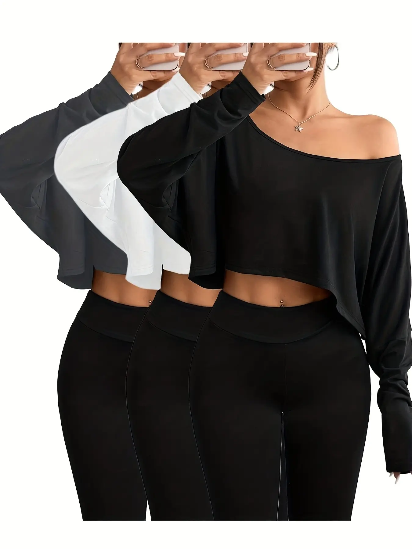 3-Pack Women's Y2K Chic Casual Loose Fit Solid Color Cute Short Sleeve Off-Shoulder Long Sleeve Top, Spring Summer Fashion Clothing