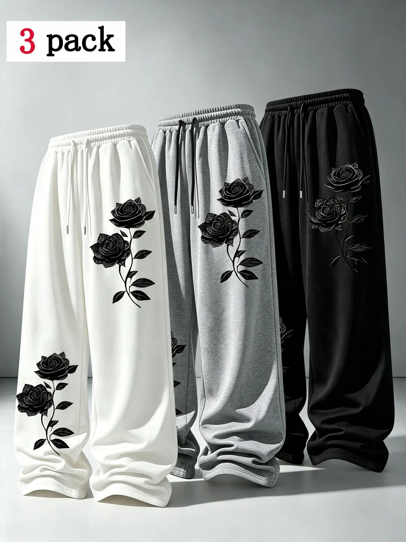3-Pack Men's Fall/winter Rose Print Wide-Leg Sweatpants, Drawstring Waist, Loose Fit, Trendy Casual Sport Pants, Perfect for Daily Wear