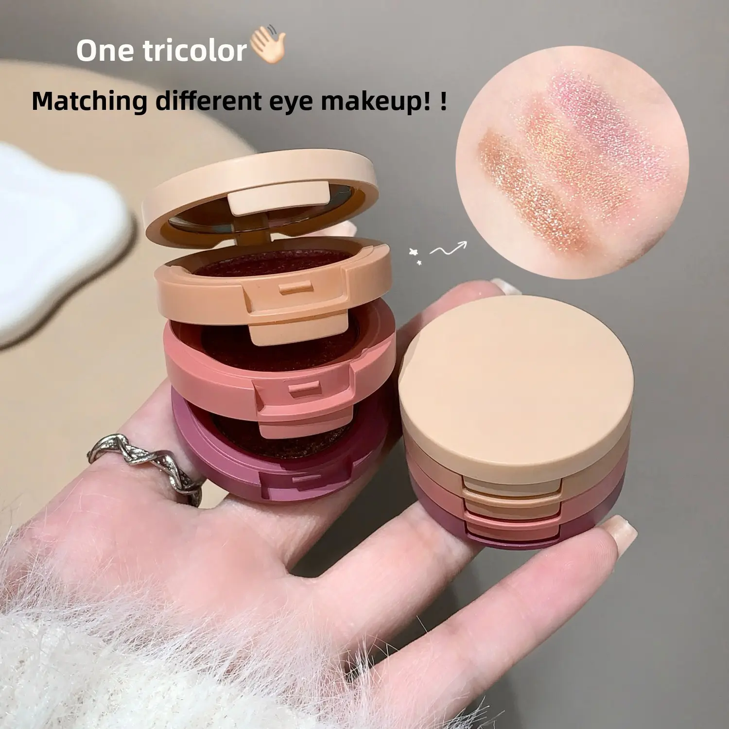 3-in-1 Glitter Pressed Powder Eyeshadow Palette - Compact On-the-Go Makeup Kit with 3 Dewy, Shimmer, Blendable Long-Lasting Eye Colors, Easy Application, Minimal Fall Out