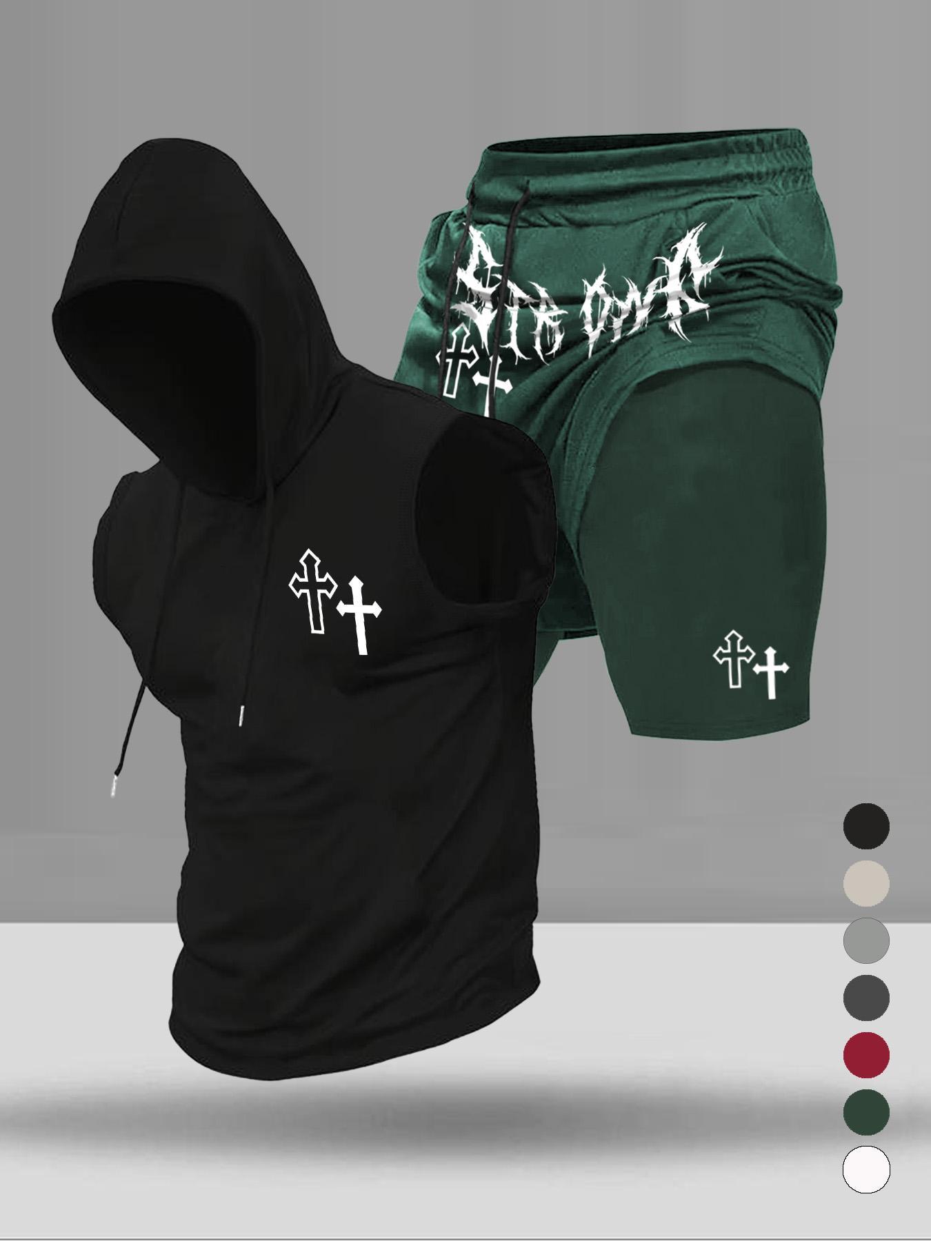 Men's Graphic Print Two-Piece Set, Stylish Hooded Sleeveless Vest and Drawstring Pocket Shorts, Summer Casual Wear for Sports and Daily Use