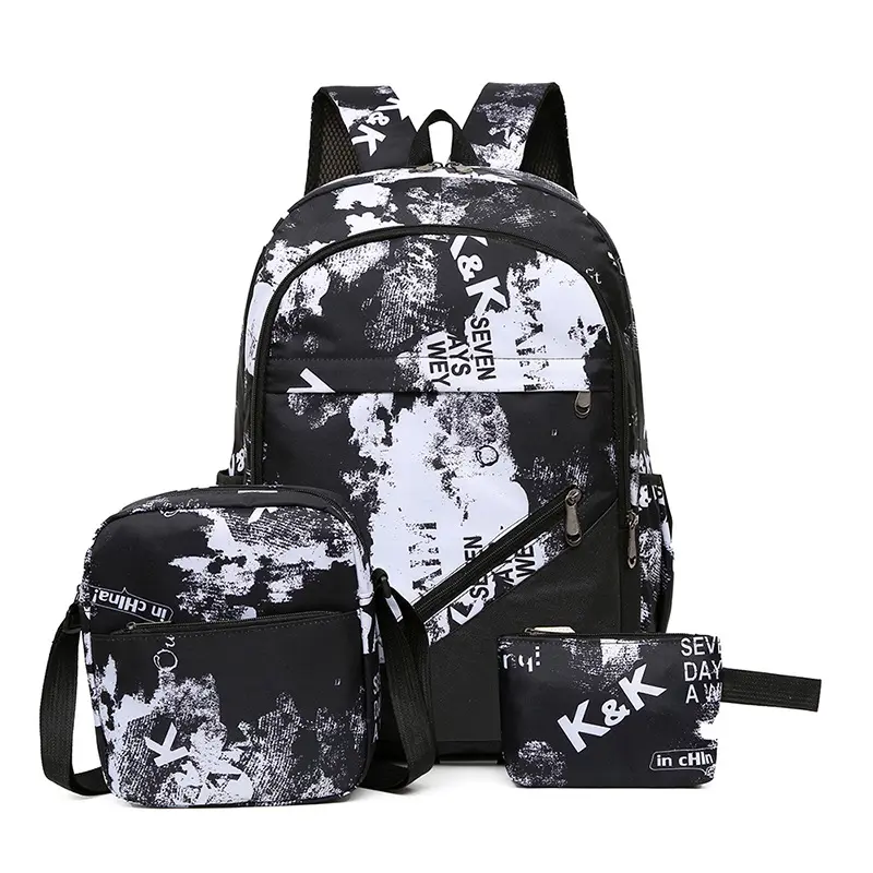 Unisex 3-Piece Graffiti Printed Look Backpack Set - Durable Large-Capacity Kids School Bag, Padded Straps Outdoor Sports Bag, Trendy Casual Daypack