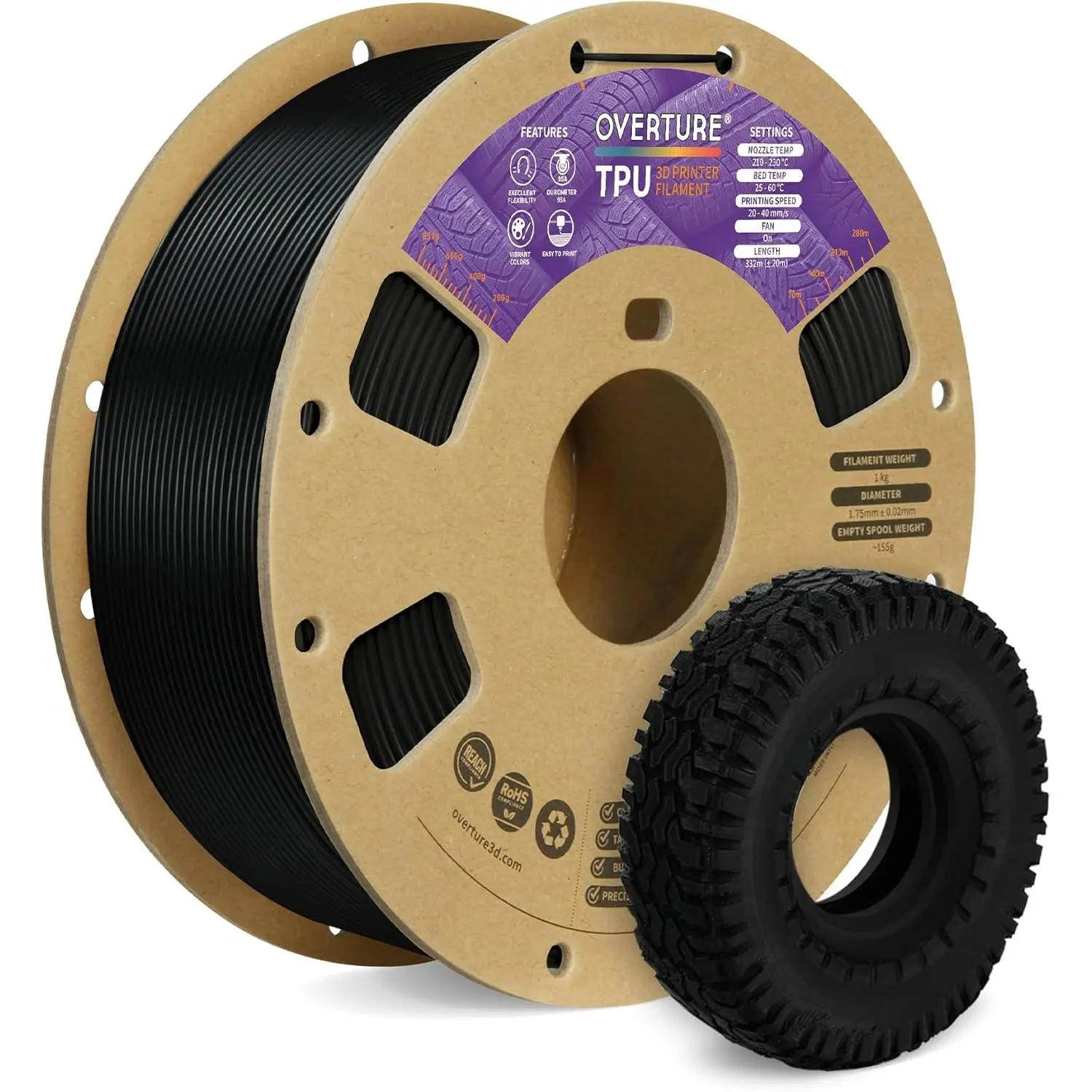 95A Flexible 3D Printer Filament 1.75mm |   High Elasticity & Durability Filament,1kg Spool(2.2lbs),Fit Most FDM Printer(1kg TPU Black)