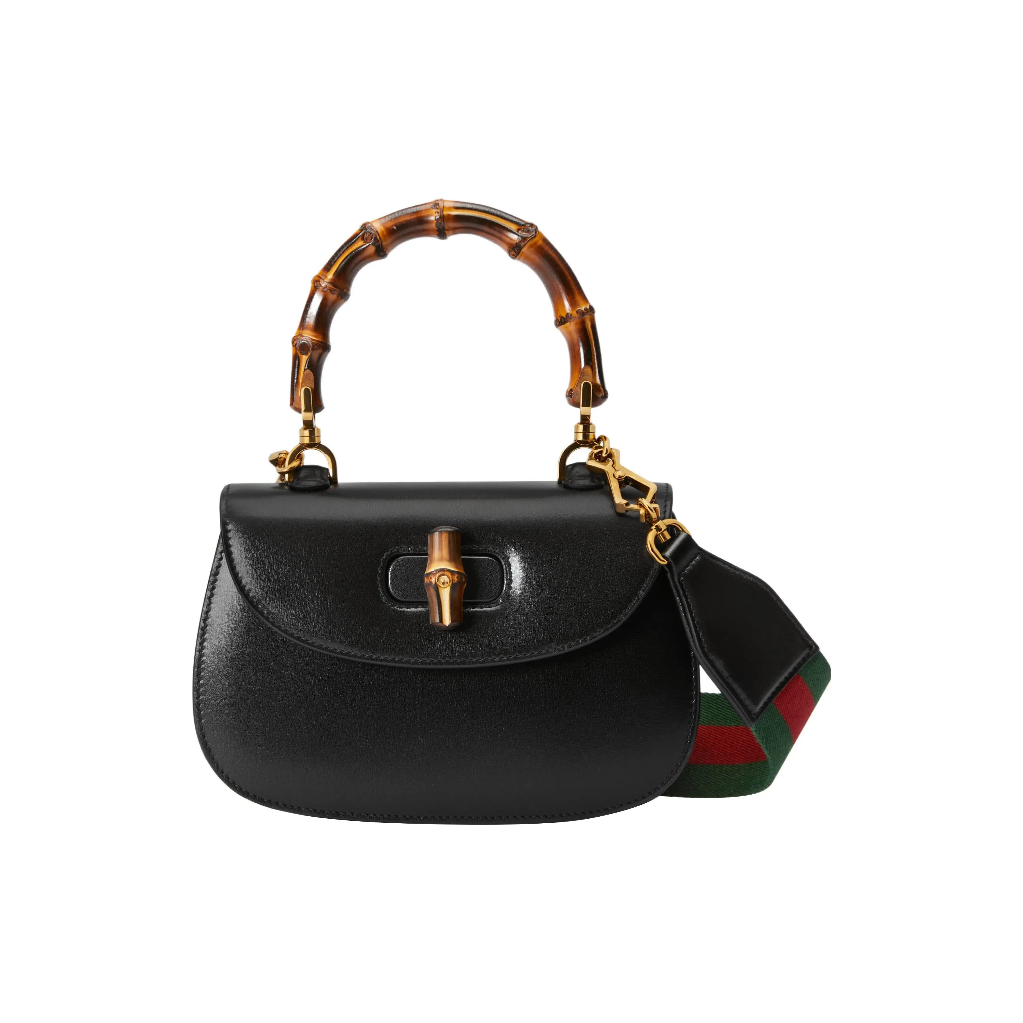 Gucci Bamboo 1947 Small Leather Crossbody Bag for Women with Bamboo Handle and Striped Webbing Strap, Black