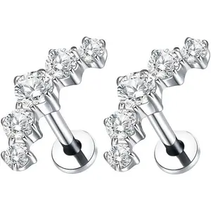 G23 Titanium CZ Climber Flat  Stud Earrings for Women 18G Internally Threaded Cartilage Conch Helix Earring Studs Sparkling Labret Monroe Lip Rings Medusa