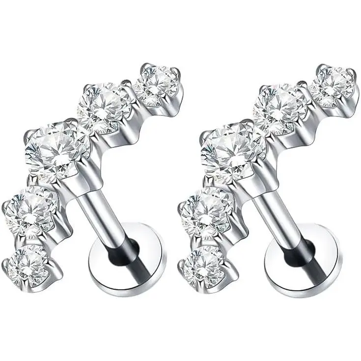G23 Titanium CZ Climber Flat  Stud Earrings for Women 18G Internally Threaded Cartilage Conch Helix Earring Studs Sparkling Labret Monroe Lip Rings Medusa