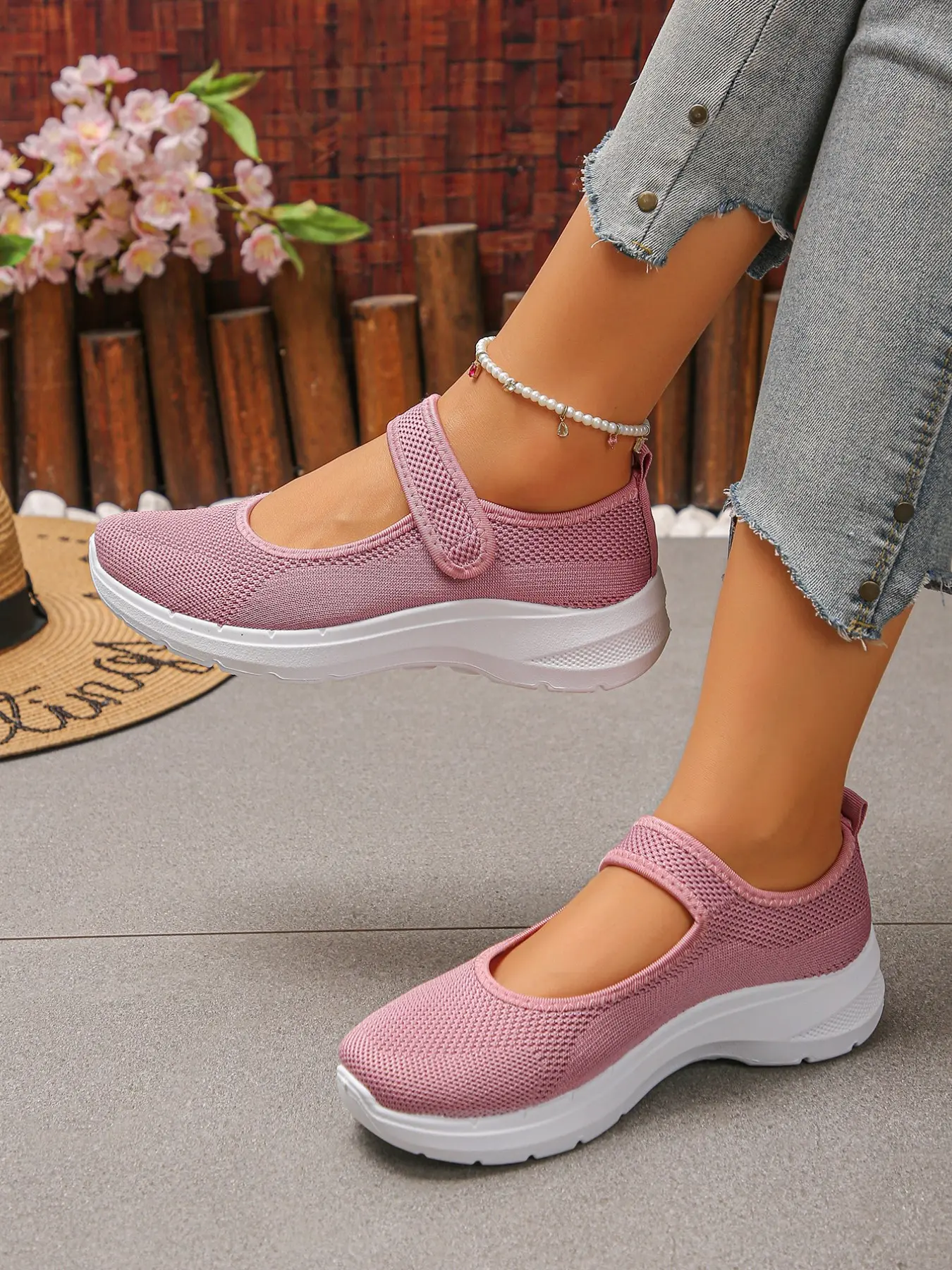 Multi Solid Color Women Hook and Loop Strap Knit Mary Jane Platform Walking Sneakers, Anti-Slip Lightweight Casual Shoes Suitable For Spring Summer Indoor & Outdoor Daily Wear