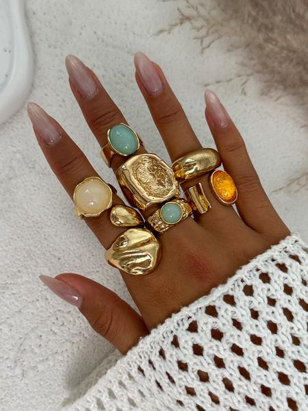 7 Pieces Vintage Fashion Geometric Gemstone Inlaid Ring Set, Women's Bold Metal Rings, Geometric Design Ring, Perfect for Daily Wear and Party Jewelry Gifts