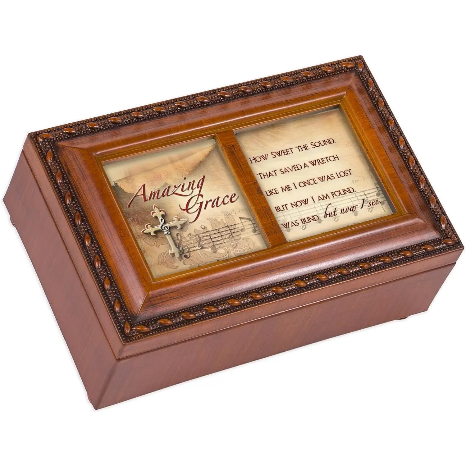 Petite Woodgrain Rope Trim Music Box Plays Amazing Grace - Sweet Decorative Music Box With The Sound Saved a Wretch Design