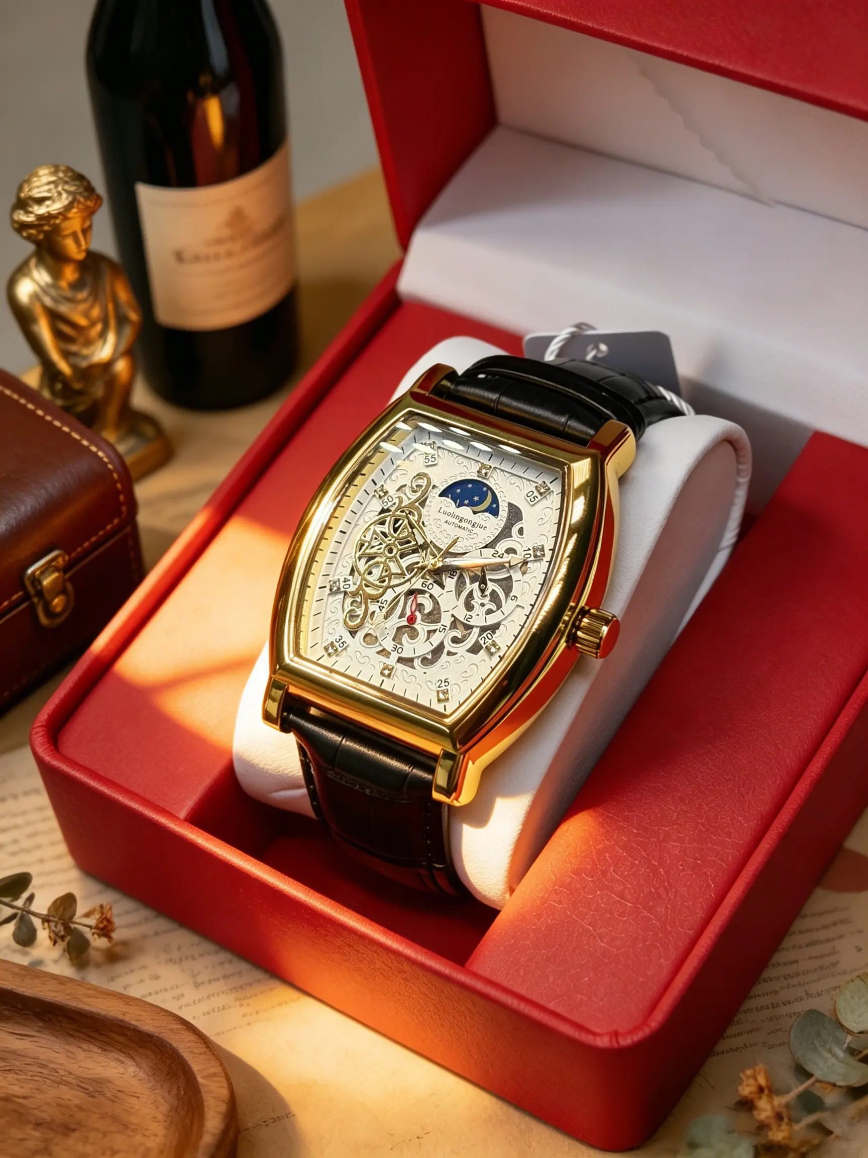 Vintage Barrel Business Mechanical Watch, Automatic Winding & Curved Case, Full Openworked Gear Movement, Moon Phase Display, Multifunctional Watch