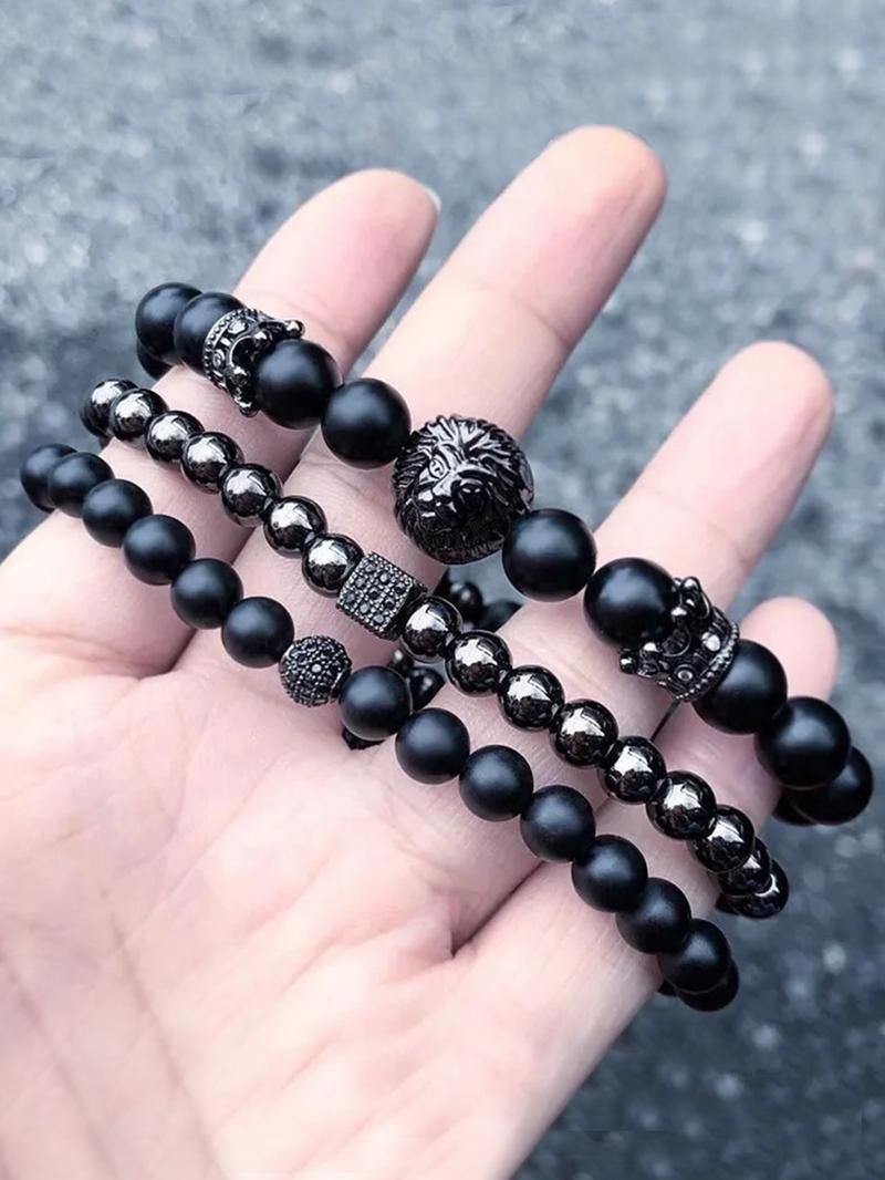 Men's Street Trend Beaded & Cross Charm Bracelets, 3pcs/set Trendy Minimalist Matching Bracelets, Chic Hip Hop Vintage Jewelry As Gift for Boyfriend, Stackable Bracelets