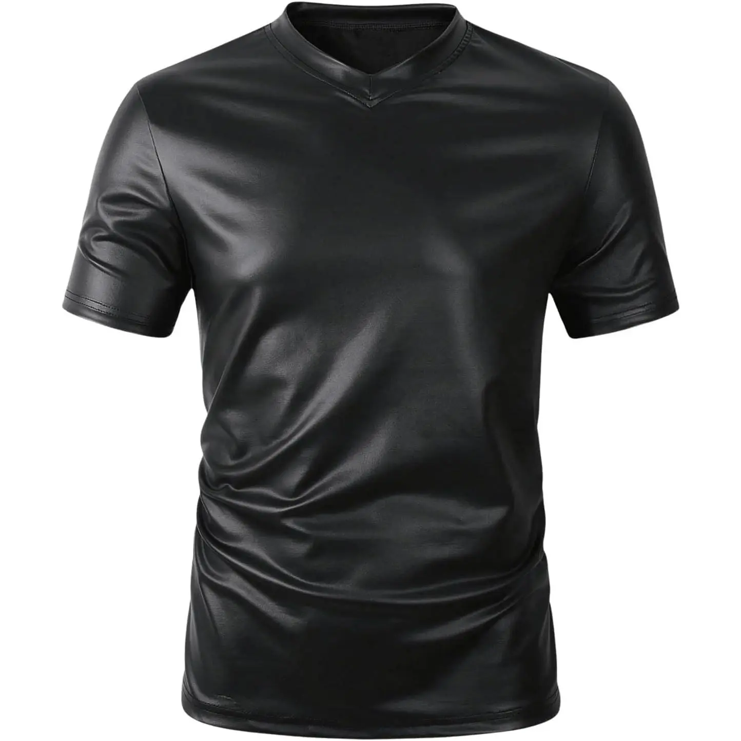 WDIRARA Men's PU Leather Short Sleeve T-Shirt V-Neck Ruched Party Top
