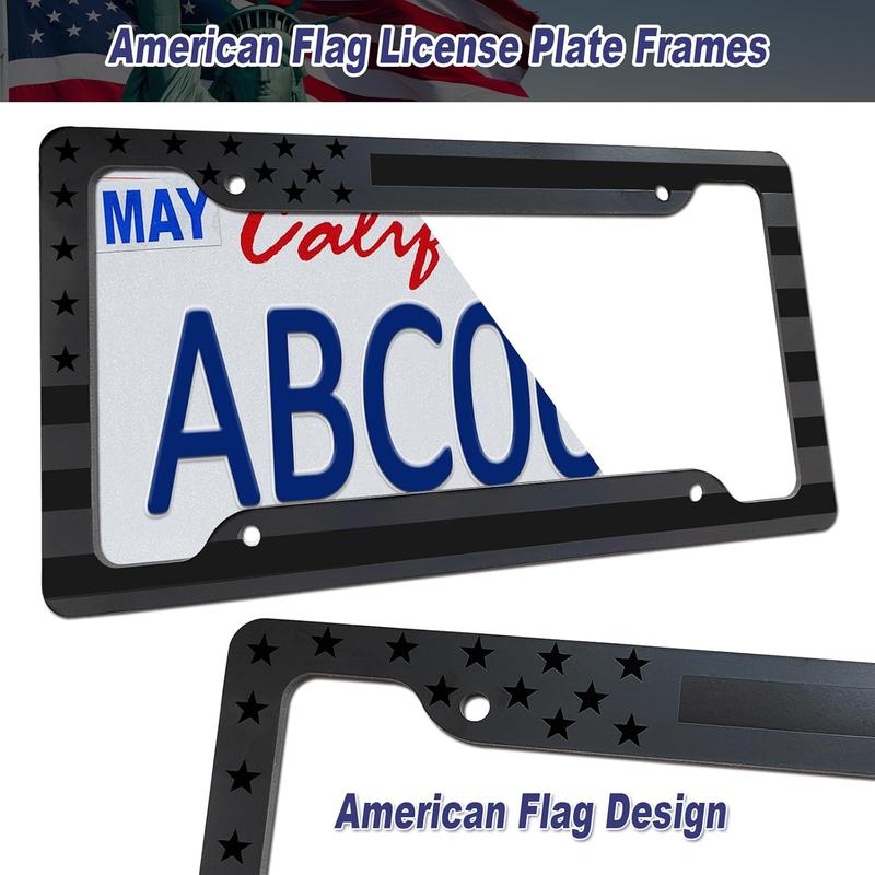 Flag License Plate Frames- 2 Pack Black Grey Patriotic  Aluminum  Tag Holder Cover for Front Rear, with Screws Caps