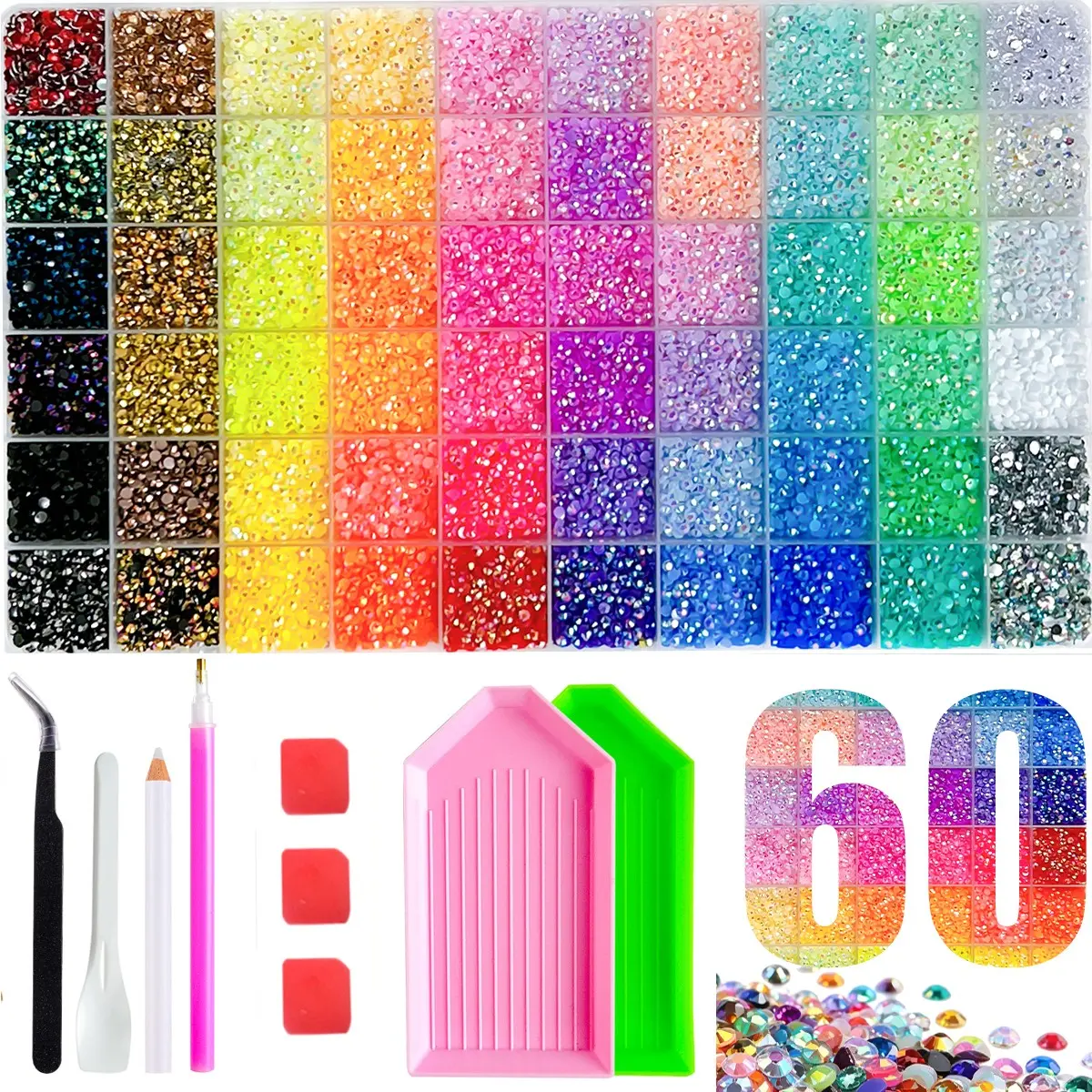 48000+pcs 60 Colors Rhinestone Kit, Flatback Resin Rhinestones for Nail Art, Nail Art Decoration, Phone Cases, DIY Crafts, Sparkly Crystal Gems with Wax Pencil, Picker & Storage Tray, Halloween Christmas Birthday Gift for Her