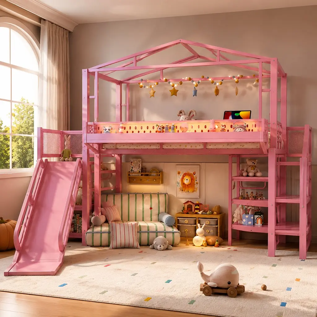 ARCH Furniture Twin Size Metal Silent Loft Bed - 156.53 lb Capacity, Storage Stairs, Shelves, Built-in Wardrobe, USB Ports, LED Lights, Noise-Reduced Design, MDF Frame, Secure Pink Bed Frame for Dorm Students’ Space-Saving Bedrooms