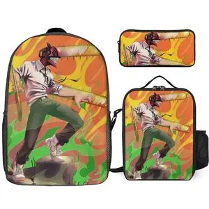 Chain-saw Anime Man Backpack Set, 3 Piece Backpack Set With Lunch Box Pen Box , High Capacity Bookbag Lunch Bag Pencil Case Workplace Travel
