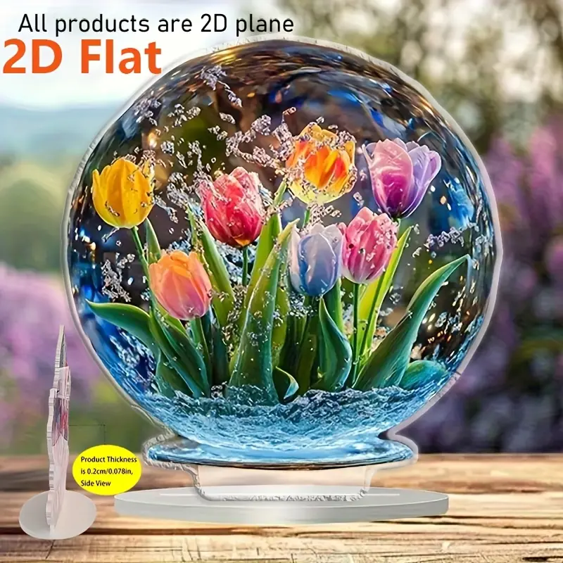 2D flat design, 1 Bohemian-style 2D flat acrylic printed decorative piece, featuring colorful tulip patterns and water droplet details - includes acrylic desktop stand, suitable for home, office, porch - ideal Easter gift, colorful tulip theme, 2D flat de