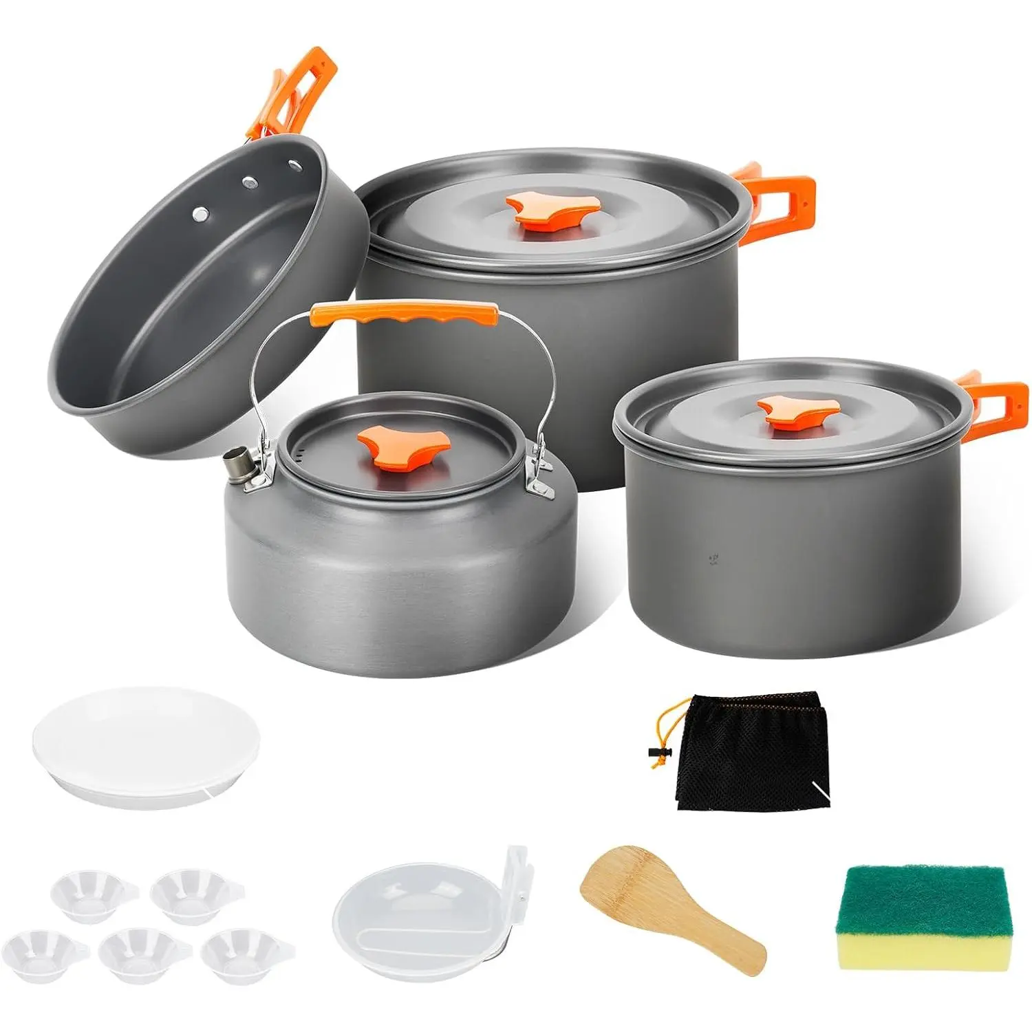 15pcs Camping Cookware Set, Lightweight Nonstick Pots, Pan, Kettle, Utensils, Bowls, and Cleaning Tool with Mesh Bag  Camping Hiking Backpacking RV Tailgating Cooking, CT605