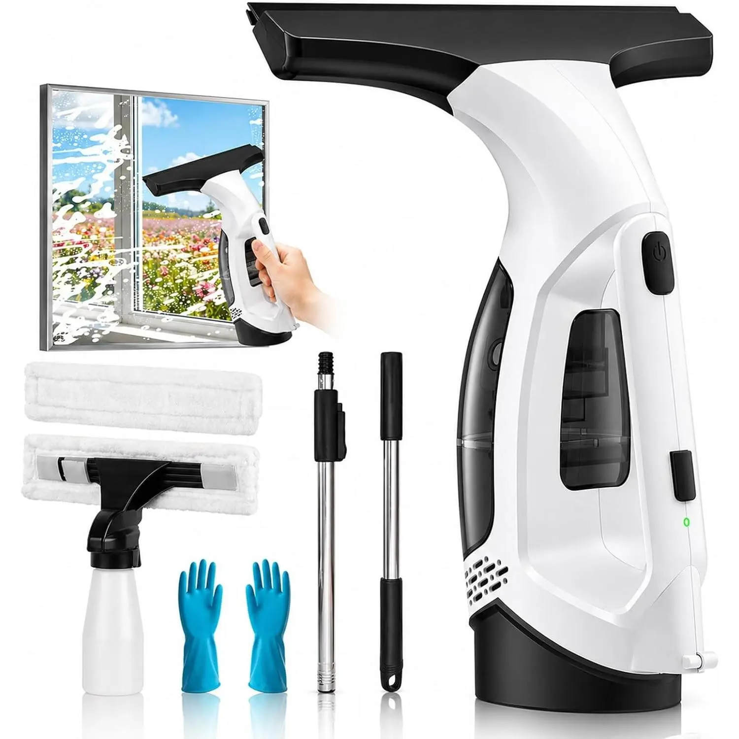 Window Vacuum Squeegee Cordless, Window Vacuum Cleaner with 2000Pa Streak-Free Suction, 30–40" Extension Pole, 11-Inch Cleaner Tool for High Windows, Shower Glass, Tiles & Mirrors