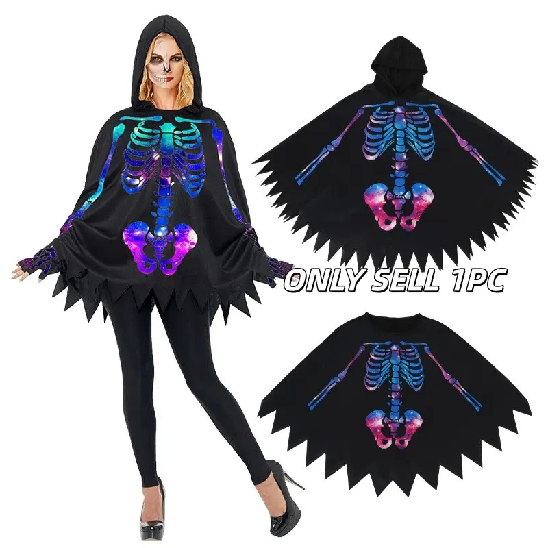 1pc Halloween Skeleton Cape, Unisex Hooded Cloak, Dress-up Accessory for Adults & Kids Party Costume