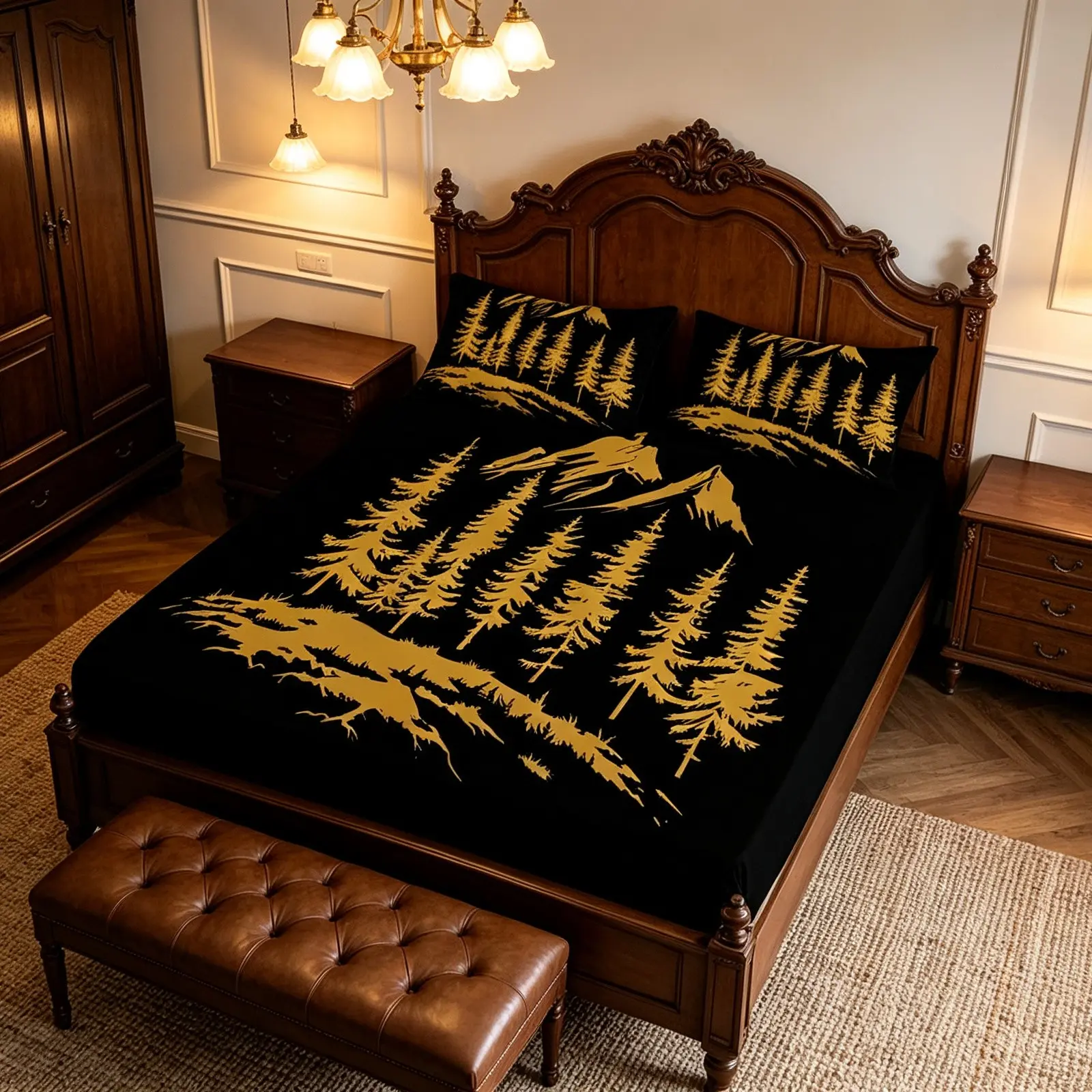 Light luxury black gold mountain forest art print fitted sheet set, including 1 fitted sheet and 2 pillowcases (unfilled), European-style master bedroom atmosphere all-inclusive mattress protector three-piece set